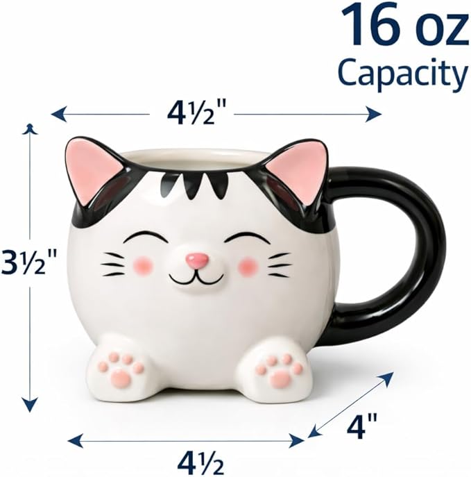 Cute Cat Coffee Mug – 16oz Ceramic Animal Mug, Handmade Gift for Cat Lovers, Cute Kawaii Coffee & Tea Cup – Black Tabby