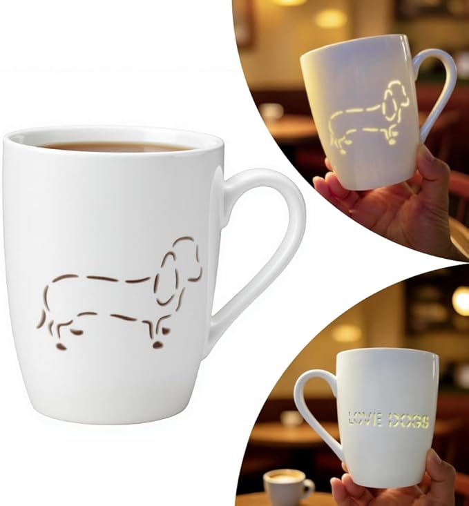 Lily's Home White Porcelain Coffee Mug – Raised Hollowed Dog Pattern-13.5 oz-Ergonomic Handle-Microwave & Dishwasher Safe-Hot Chocolate, Coffee, Tea-for Dog Lovers & Housewarming