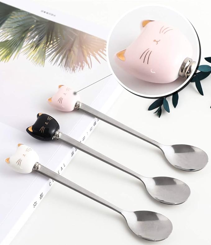 Black Cat Mug, Cute Kitty Ceramic Coffee Mug with Stainless Steel Spoon, Novelty Coffee Mug Cup for Cat Lovers Women Girls