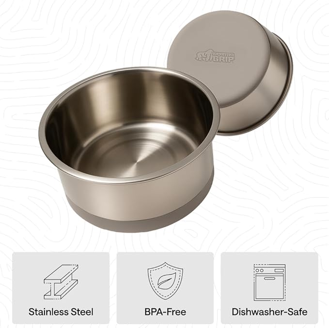 GORILLA GRIP Dog Bowls, Food Grade 304 Stainless Steel, Holds 2 Cups Each (16 fl oz) Food and Water Bowl for Feeding Dogs and Cats, Dishwasher Safe, Rust Resistant, BPA Free Rubber Base Set of 2 Beige