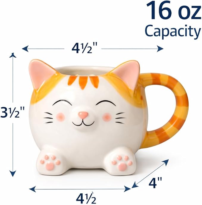 Cute Cat Coffee Mug – 16oz Ceramic Animal Mug, Handmade Gift for Cat Lovers, Cute Kawaii Coffee & Tea Cup – Orange Tabby