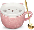 Ceramic Cute Cat Mug With Lid - Funny Novelty Cup for Cat Lovers, Tea and Dessert - Gift for Girls, Boys, Women on Christmas, Birthday (Pink)