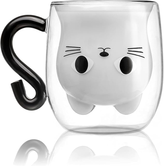 Phitihui Cat Mugs, Double Wall Glass Cute Coffee Tea Cup, Graduation Valentines Mothers Day Easter Halloween Christmas Gifts for Women Wife Mum Her Girl Teacher Friend, Birthday Present Idea