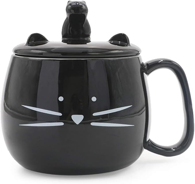 Koolkatkoo 16OZ Cute Cat Coffee Mug with Cell Phone Holder Lid for Cat Lover Unique Ceramic Black Mugs Tea Cup Gift for Women