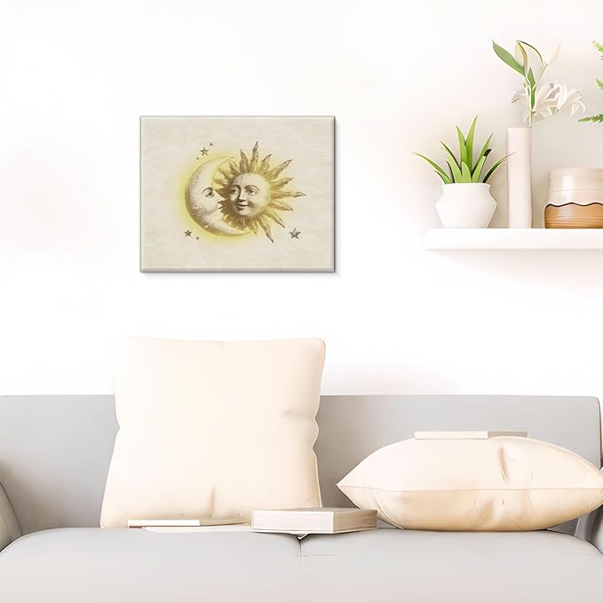 Vintage Mystical Celestial Canvas Wall Art Whimsical Sun and Moon Print Painting Retro Wall Decor for Home Bedroom Nursery 8x10 Inches Framed