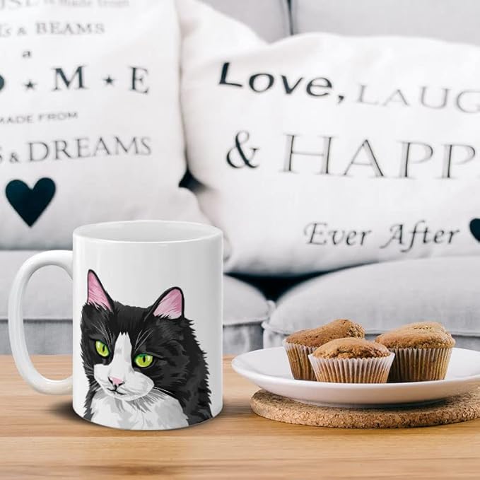 MUGBREW Black White Tuxedo Cat Vector Portrait Ceramic Coffee Mug Tea Cup, 11 OZ