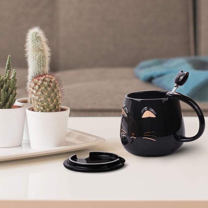 Black Cat Mug, Cute Kitty Ceramic Coffee Mug with Stainless Steel Spoon, Novelty Coffee Mug Cup for Cat Lovers Women Girls