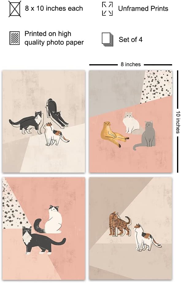 Abstract Minimalist Cat Wall Decor - Mid Century Modern Cat Lover Gifts For Women - Aesthetic Posters - Cute Kiity Wall Art - Wall Collage Kit - Boho Bohemian Decor - Geometric Line Art Wall Decor