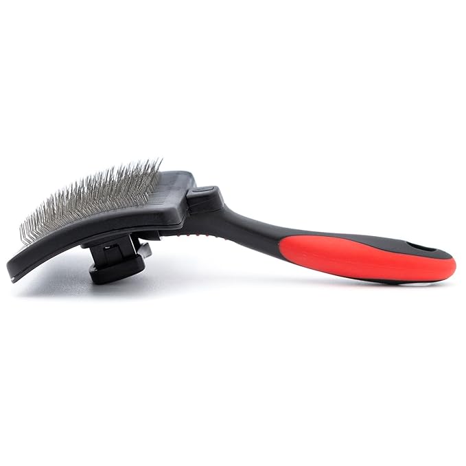 Jeffers Pet Self-Cleaning Slicker Brush for Dogs & Cats – Self Cleaning Button, Removes Tangles & Loose Hair, Non Slip Handle for Easy Grooming, Go To Gift for Pet Owners – Black, Red - Large