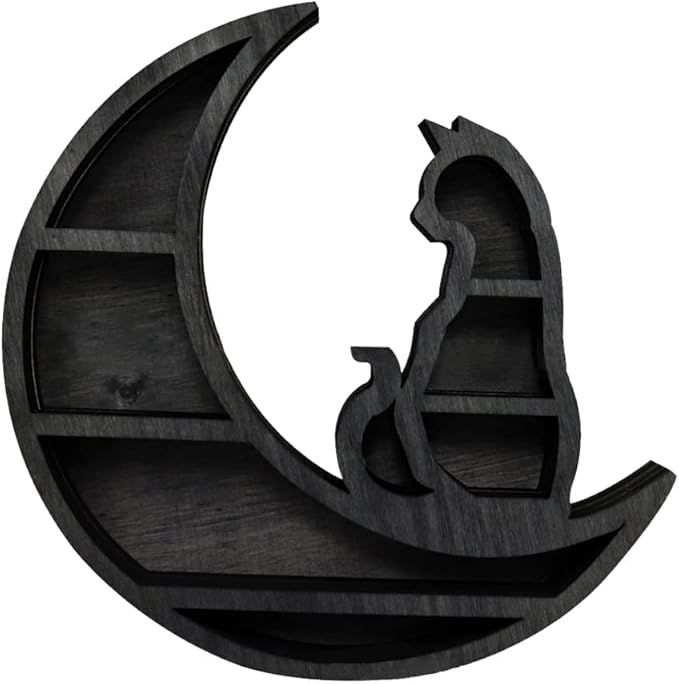 Cat on The Moon Wooden Shelf for Crystals, Moon Crystal Shelf Jewelry Holder, Floating Shelves Essential Oil Shelfes for Living Room, Dinning Room, Bed Room(Color:Black)