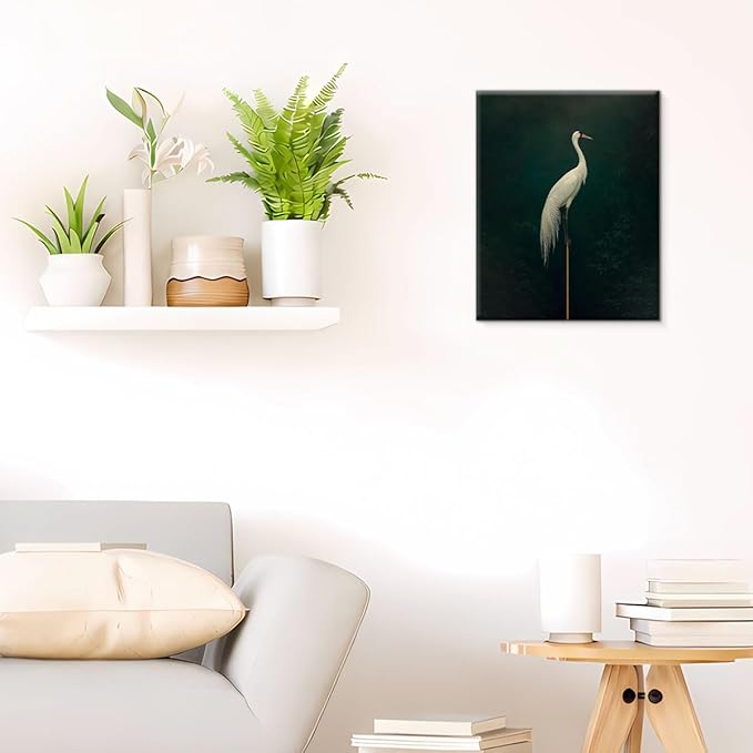 Japanese Crane Canvas Wall Art Vintage Bird Print Painting Dark Green Wall Decor for Home Farmhouse Living Room 8x10 Inches Framed