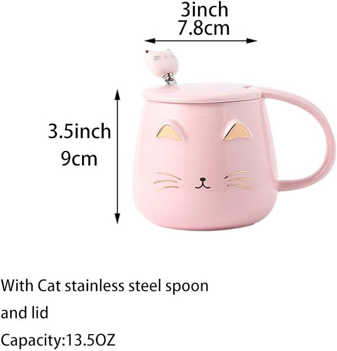 Pink Ceramic Coffee mug Cute Cat Handmade Tea Cups with Stainless Steel Spoon Kitty Cup Unique Hot chocolate Novelty mugs Christmas Birthday for Girls Women (Pink)