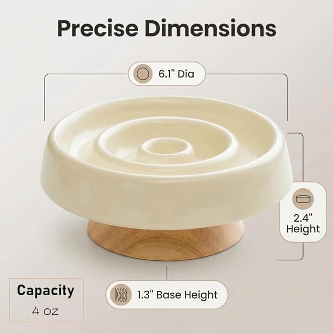 Ceramic Cat Slow Feeder, Raised Slow Feeder Cat Bowl, Anti Vomiting and Whisker Friendly Kitty Dish, Elevated Puppy Kitten Food Bowl for Dry and Wet Food (White)