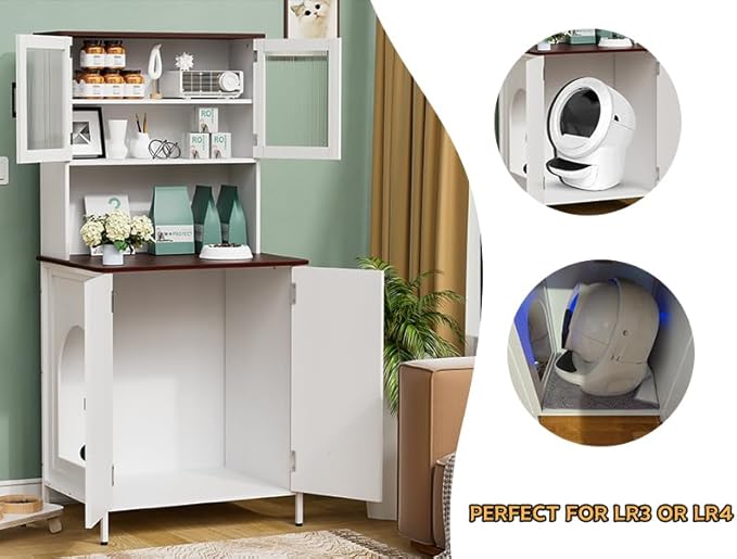 PakaLife Cat Litter Box Enclosure Furniture for Self-Cleaning Litter Box, Wood Cat Washroom Furniture with Cabinet, Shelves and Doors