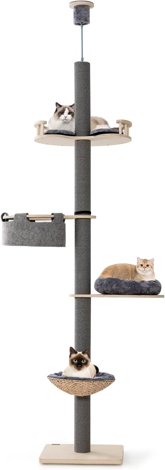 Tangkula Floor to Ceiling Cat Tree, Tall Cat Tower with Adjustable Height (93-107 Inch) for Large Cats, 5 Tier Cat Climbing Pole with Scratching Post, Cattail Basket Bed, Hammock for Indoor Cats