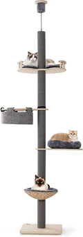 Tangkula Floor to Ceiling Cat Tree, Tall Cat Tower with Adjustable Height (93-107 Inch) for Large Cats, 5 Tier Cat Climbing Pole with Scratching Post, Cattail Basket Bed, Hammock for Indoor Cats