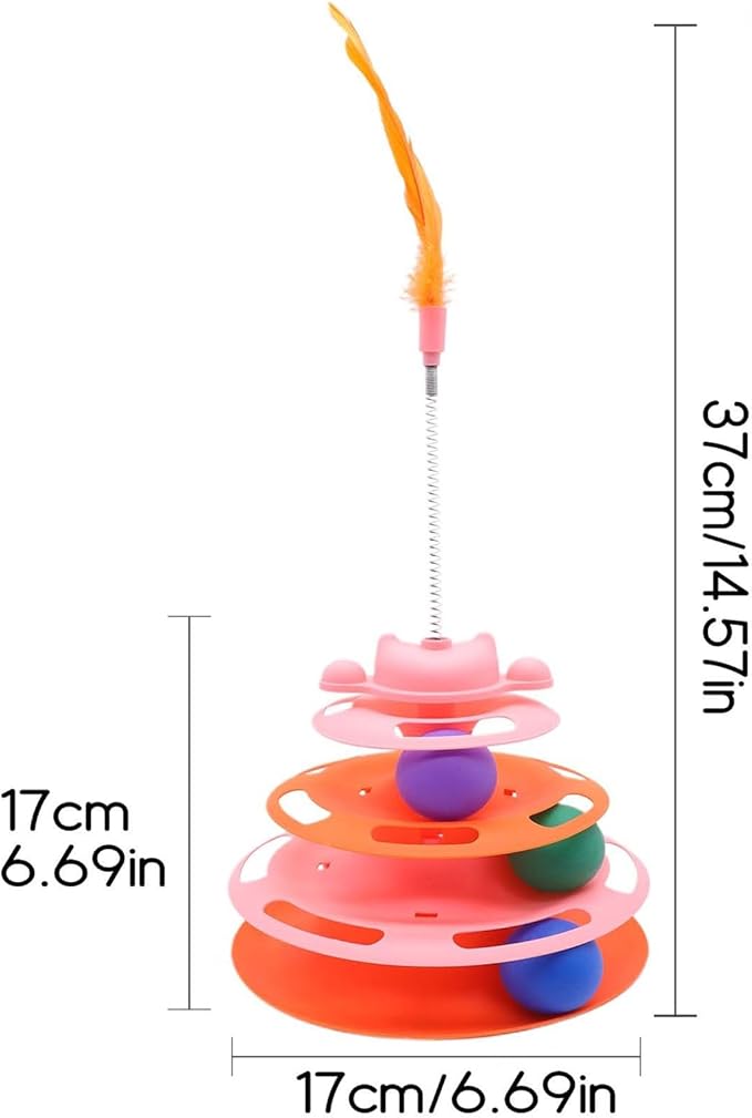 Cat Ball Track Toys, Creative Feather Toy, consisting of 3 Balls and a Feather Stick, Tower-Shaped cat Intelligence Toy, Suitable for Chasing Games with Kittens. (Blue)