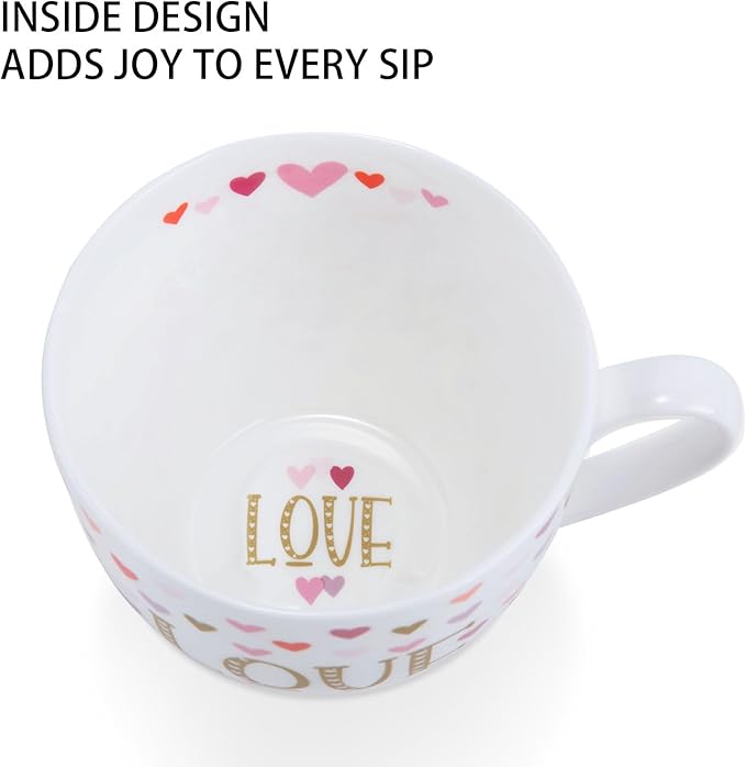 LOVE Heart Coffee Mug - 20 oz Bone China Mugs with Gold LOVE Design and Colorful Hearts, Perfect Gifts for Mom Women Mothers Day, Designed in England by Harvest Green Studio