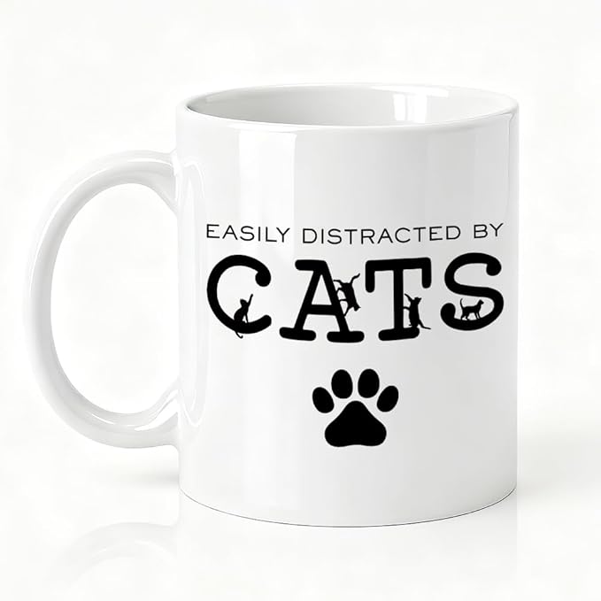 Easily Distracted By Cats Ceramic Coffee Mug, Black Cat Theme Mug For Coffee Lover, Funny Ceramic Drinking Cup For Kitten Lovers, Thank You Gifts For Friend Coworkers Family Pet Owners