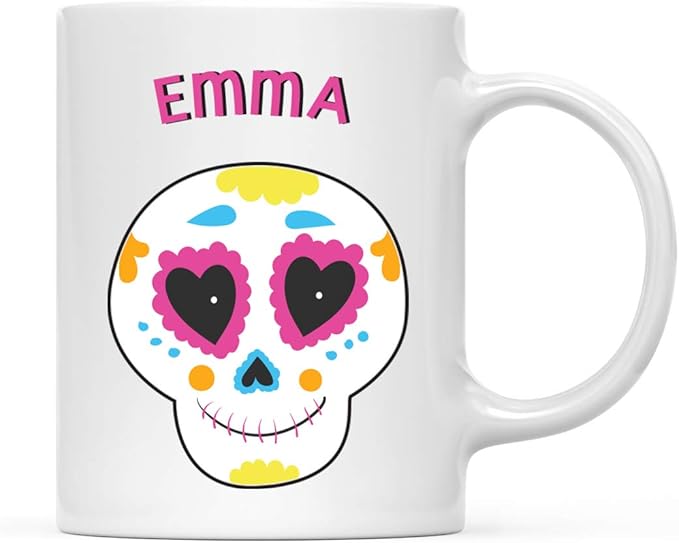 Andaz Press Personalized 11oz. Kids Hot Chocolate Mug, Mexican Day of the Dead Dia de Los Muertos Pink Skull, 1-Pack, Custom Child’s Birthday Christmas Coffee Cup
