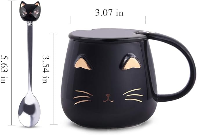 Black Cat Mug, Cute Kitty Ceramic Coffee Mug with Stainless Steel Spoon, Novelty Coffee Mug Cup for Cat Lovers Women Girls