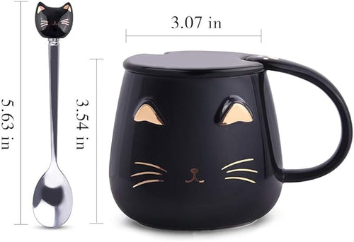 Black Cat Mug, Cute Kitty Ceramic Coffee Mug with Stainless Steel Spoon, Novelty Coffee Mug Cup for Cat Lovers Women Girls