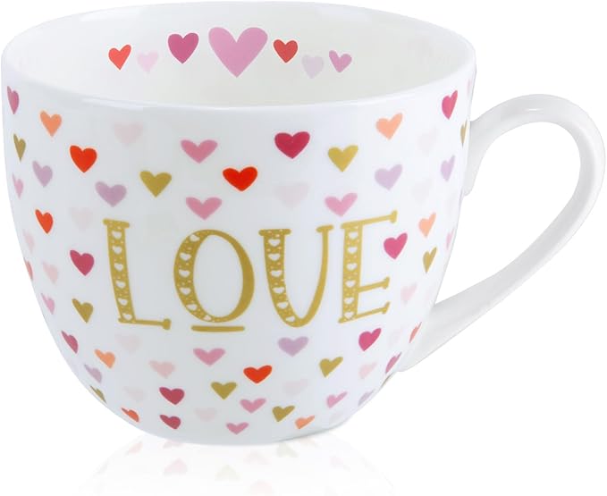 LOVE Heart Coffee Mug - 20 oz Bone China Mugs with Gold LOVE Design and Colorful Hearts, Perfect Gifts for Mom Women Mothers Day, Designed in England by Harvest Green Studio