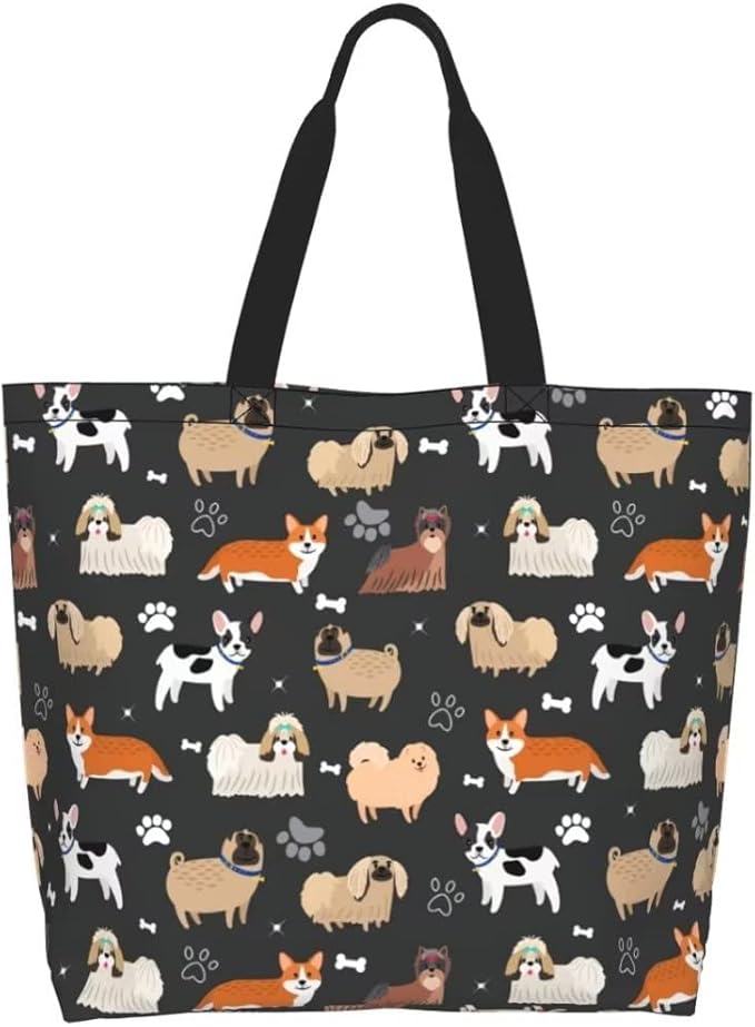 Funny Dog Theme Tote Bag for Women, Cute Paw Bone Print Shoulder Reusable Beach Shopping Handbags Casual Travel Gifts for Dog Lovers Mother Teacher -Large