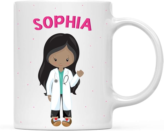Andaz Press Personalized 11oz. Kids Milk Hot Chocolate Mug, Black Haired Girl Doctor, 1-Pack, Custom Child’s Birthday Christmas Coffee Cup