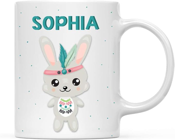 Andaz Press Personalized 11oz. Kids Milk Hot Chocolate Mug, Tribal Rabbit, 1-Pack, Custom Child’s Birthday Christmas Coffee Cup