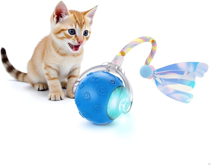 Interactive Cat Ball Toy with LED Light, Motion Activated Snake Tail, 5-Minute Auto Standby, Navy Blue