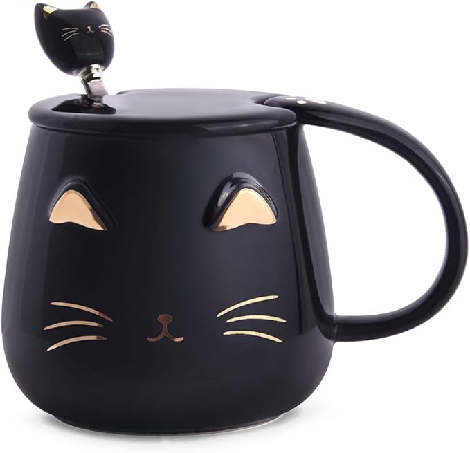 Black Cat Mug, Cute Kitty Ceramic Coffee Mug with Stainless Steel Spoon, Novelty Coffee Mug Cup for Cat Lovers Women Girls