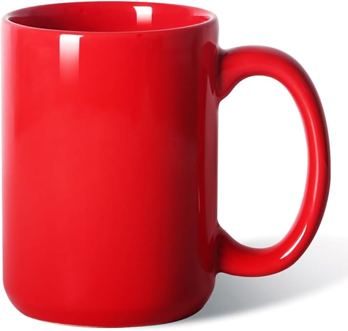 16 OZ Porcelain Coffee Mug, Classic Blank Ceramic Cup with Large Handle for Tea Latte Cappuccino, Red