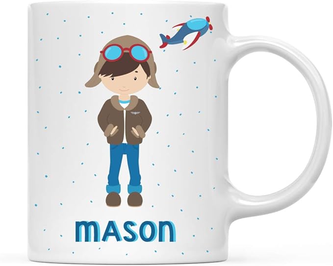 Andaz Press Personalized 11oz. Kids Hot Chocolate Mug, Boy Pilot, 1-Pack, Custom Child’s Birthday Christmas Coffee Cup
