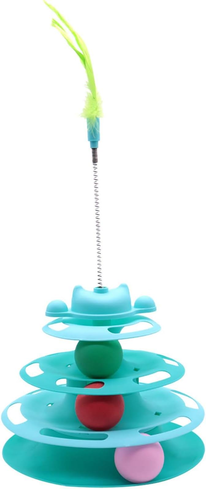 Cat Ball Track Toys, Creative Feather Toy, consisting of 3 Balls and a Feather Stick, Tower-Shaped cat Intelligence Toy, Suitable for Chasing Games with Kittens. (Green)