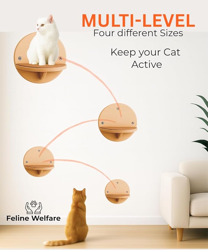 Cat Wall Shelves - Set of 4 Round Floating Wall Steps Scratch Pads, up to 20Lbs. Saving-Space Decorative Wall-Mounted Cat Furniture for Climbing, Playing & Resting - Solid Natural Wood by INSTINTO