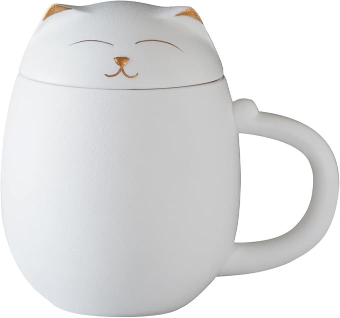 HEER Cat Tea Cup with Infuser and Lid - 13.5oz Ceramic Tea Mug - Cat Lover Gift for Friends Family. (White)