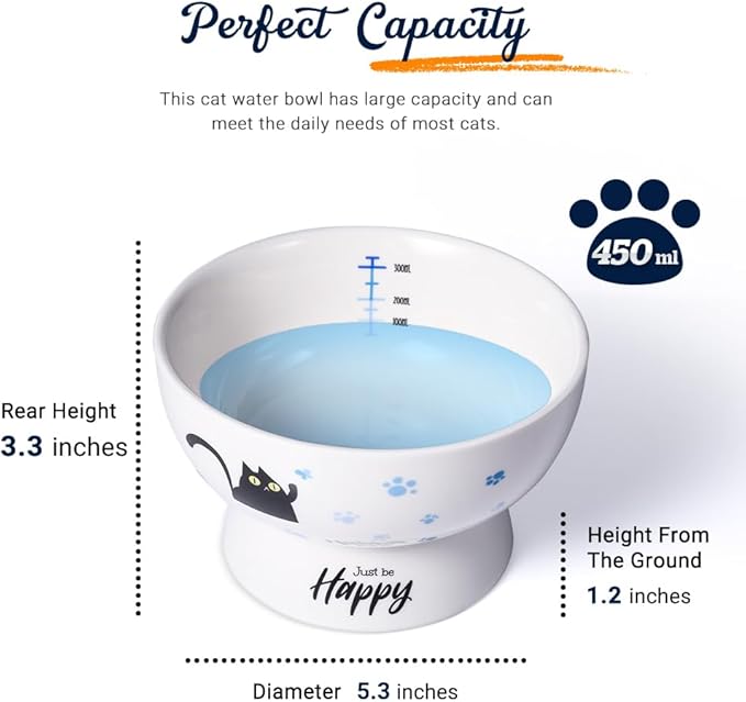 Porcelain Raised cat Bowl, 15-Ounce Raised Porcelain pet Bowl - Protects Your pet's Spine, Large-Capacity Non-Overflowing pet Bowl with Anti-Slip Strap, Dishwasher Safe (Blue)