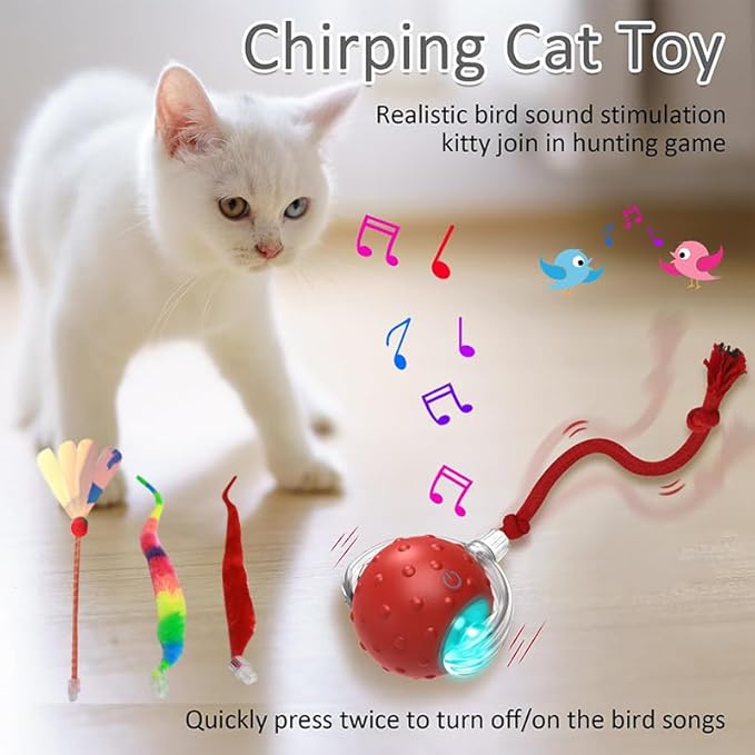 Interactive Cat Toy Ball – Automatic Rolling Cat Toys for Indoor Cats, Motion Activated & Chirping Sound with 4 Replaceable Tails, Rechargeable Cat Toys for Bored Indoor Adult Cats, Kittens -RED