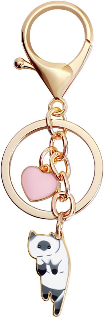 Lazy Cat Pink heart Keychain Fun Cartoon Kitten Cute Key Ring for Animal Key Chain Girl Birthday