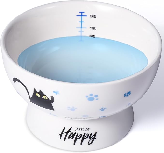 Porcelain Raised cat Bowl, 15-Ounce Raised Porcelain pet Bowl - Protects Your pet's Spine, Large-Capacity Non-Overflowing pet Bowl with Anti-Slip Strap, Dishwasher Safe (Blue)
