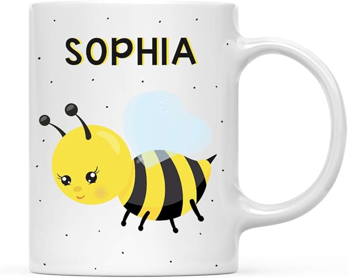 Andaz Press Personalized 11oz. Kids Milk Hot Chocolate Mug, Busy Bee Posture 3, 1-Pack, Custom Child’s Birthday Christmas Coffee Cup