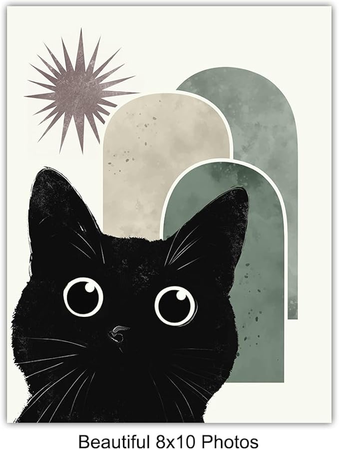 Black Cat Wall Art Prints - Boho Room Decor - Mid-century modern Scandinavian Wall Art - Abstract Minimalist Decor Aesthetic - Cute Cat Green Wall Decor - Cat Lover Gifts for Women, Home Decor Set