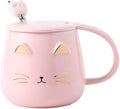 Pink Cat Mug, Cute Kitty Ceramic Coffee Mug with Stainless Steel Spoon, Novelty Coffee Mug Cup for Cat Lovers Women Girls