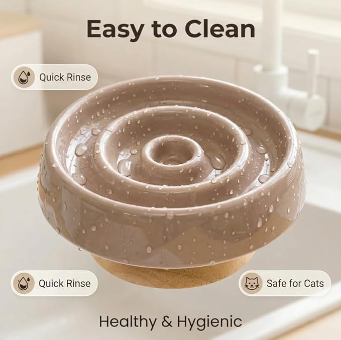 Ceramic Cat Slow Feeder, Raised Slow Feeder Cat Bowl, Anti Vomiting and Whisker Friendly Kitty Dish, Elevated Puppy Kitten Food Bowl for Dry and Wet Food (Brown)
