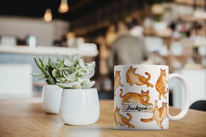 MUGBREW Personalized Coffee Mug with Your Name or Text, Customized Gifts For Christmas Birthday Anniversary, Ceramic 11 OZ Coffee Mug Tea Cup - Orange Tabby Cat Funny Playful Postures Pattern