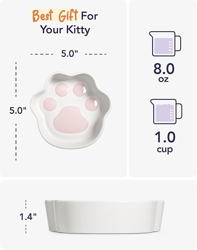 LE TAUCI Cat Food Bowl Ceramic, 8 oz Small Shallow for Indoor Kitten,Relief Whisker Fatigue Cute Paw Design Pet Dish with Slow Feed Function