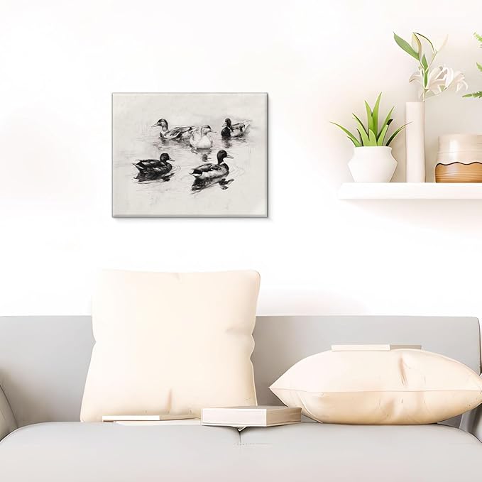 Vintage Mallard Ducks Canvas Wall Art Country Duck Sketch Print Painting Cottagecore Wall Decor for Farmhouse Home Living Room 8x10 Inches Framed