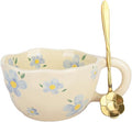 Cute Coffee Mug,Ceramic Tea cup,Kawaii coffee mugs,Handmade Creative Flower Pink mug with Spoon,Aesthetic mugs for milk Cappuccino Cocoa,8.5 oz Cheery Mug Gift for Women Christmas (Blue)