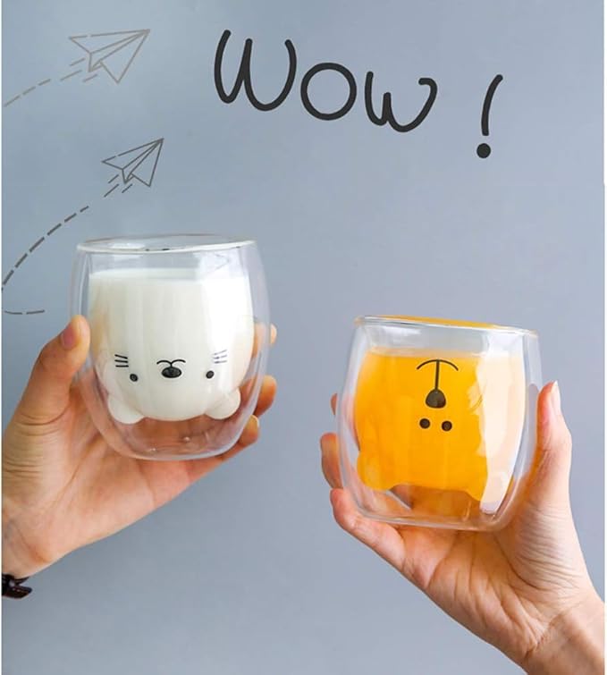 Binoster Cute Mugs Double Wall Glass Coffee Glass Cup Kawaii Bear Tea Milk Cup Funny Mug Animal Mug Aesthetic Cup for Office and Personal Birthday Gift (Happy bear)